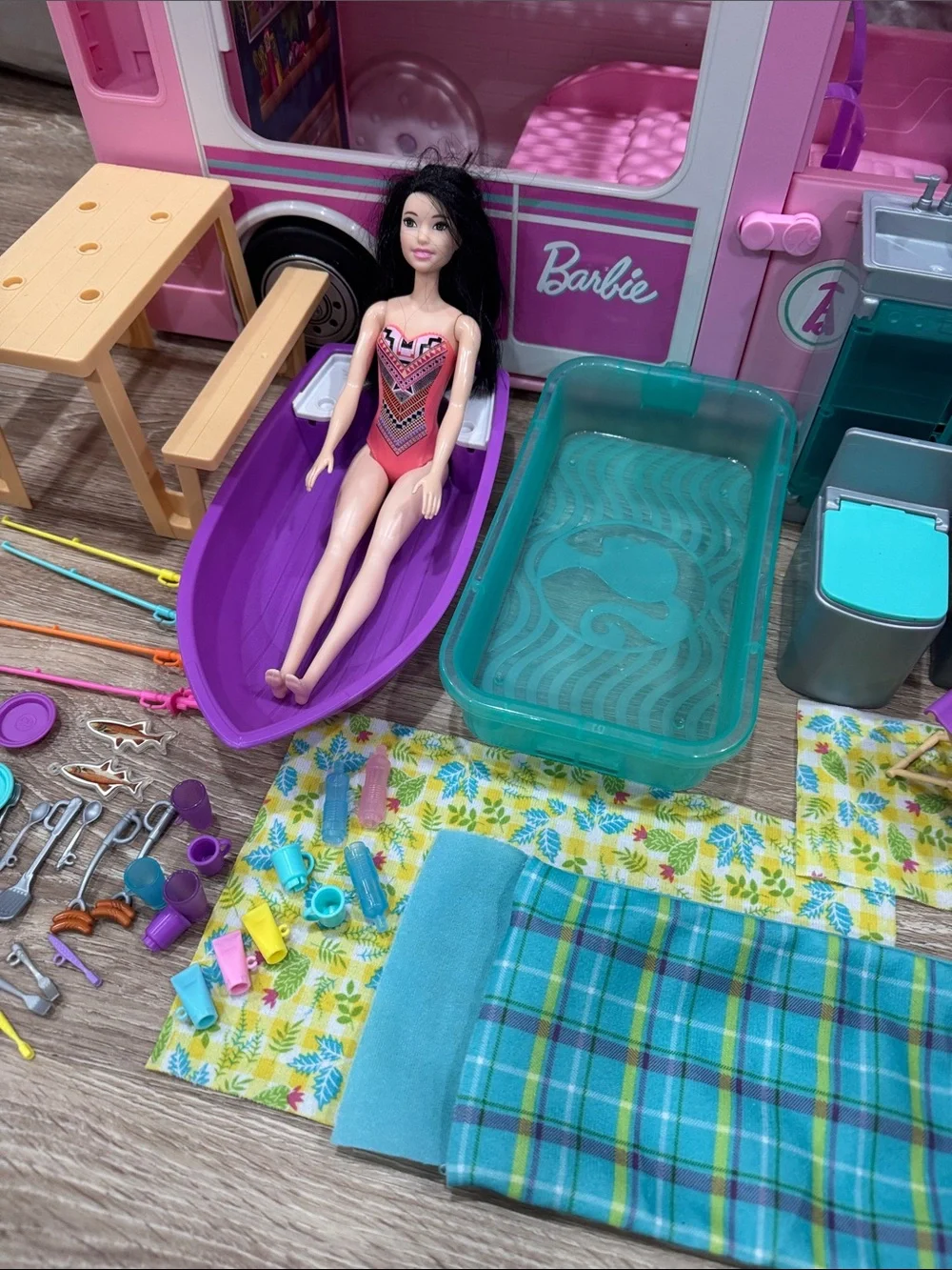 Barbie Pink Play Camper Van with Teal Tray and Plaid Mat